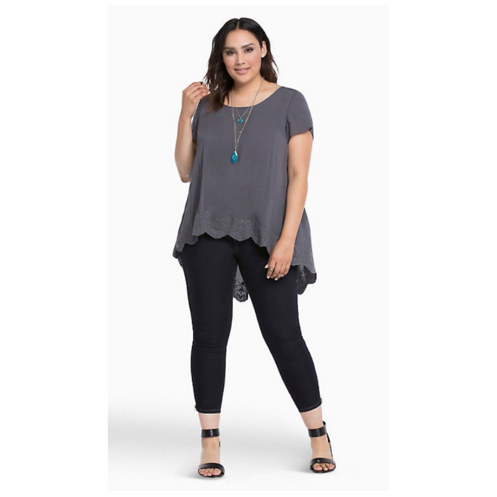 Torrid Gray EMBROIDERED TRIM SPLIT BACK TOP